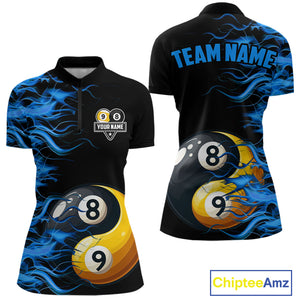 Blue Flaming Funny Yin-Yang 8 Ball & 9 Ball Billiard Shirt For Women Custom Pool Team Jerseys TDM4711
