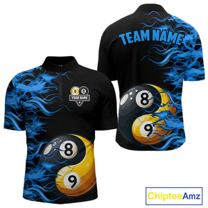 Blue Flaming Funny Yin-Yang 8 Ball & 9 Ball Billiard Shirt For Men Custom Pool Team Jerseys TDM4711