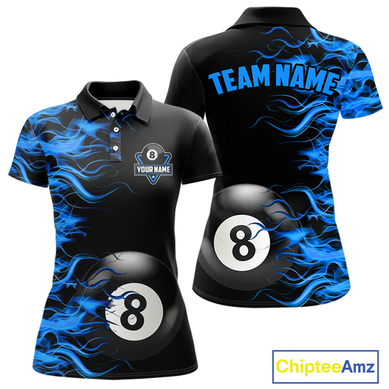 Personalized Blue Flaming 8 Ball Billiard Shirt For Women Custom Pool Team Jersey Polo & 1/4 Zip TDM4712