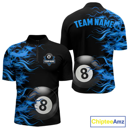 Personalized Blue Flaming 8 Ball Billiard Shirt For Men Custom Pool Team Jersey Polo & 1/4 Zip TDM4712
