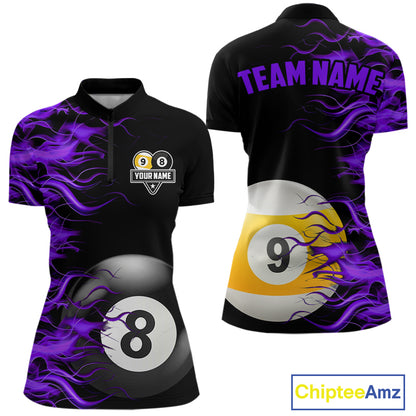 Purple Flaming 8 Ball & 9 Ball Billiard Shirt For Women Custom Pool Team Jersey Polo & 1/4 Zip TDM4713