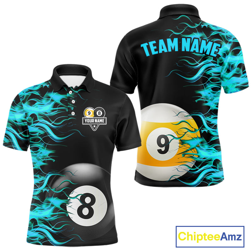 Turquoise Flaming 8 Ball & 9 Ball Billiard Shirt For Men Custom Pool Team Jersey Polo & 1/4 Zip TDM4714
