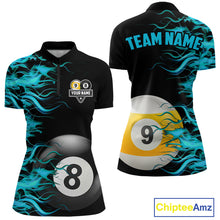 Load image into Gallery viewer, Turquoise Flaming 8 Ball &amp; 9 Ball Billiard Shirt For Women Custom Pool Team Jersey Polo &amp; 1/4 Zip TDM4714