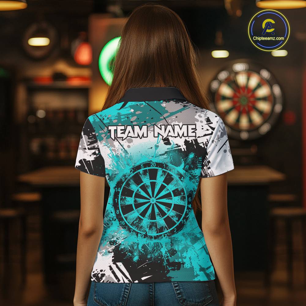 Turquoise Grunge Paint Splash Dart Shirts For Women Custom Darts Jersey Team Polo & Quarter Zip TDM5353