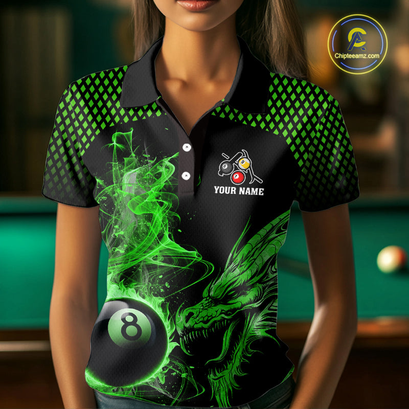 Green 8 Ball & 9 Ball Flame Smoke Custom Dragon Billiard Shirts For Women, Billiard Team Jersey TDM5631