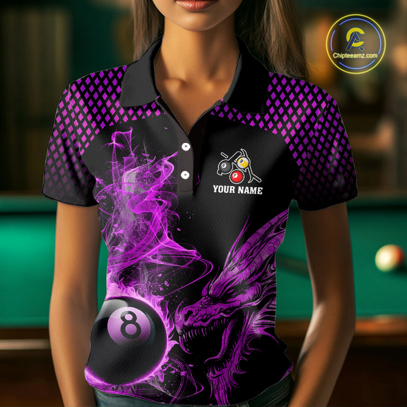 Purple 8 Ball & 9 Ball Flame Smoke Custom Dragon Billiard Shirts For Women, Billiard Team Jersey TDM5632
