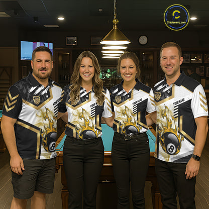 Gold 8 Ball Pool Fire Flame Smoke Custom Billiard Shirts For Women, Billiard Jerseys Team Uniform TDM5848