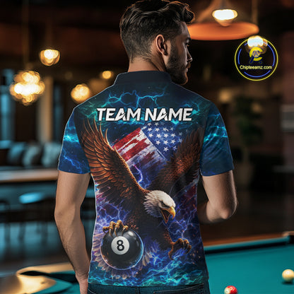 Personalized 8 Ball US Flag Eagle Lightning Billiard Shirt For Men, Patriotic Billiard Team Jersey TDM5850