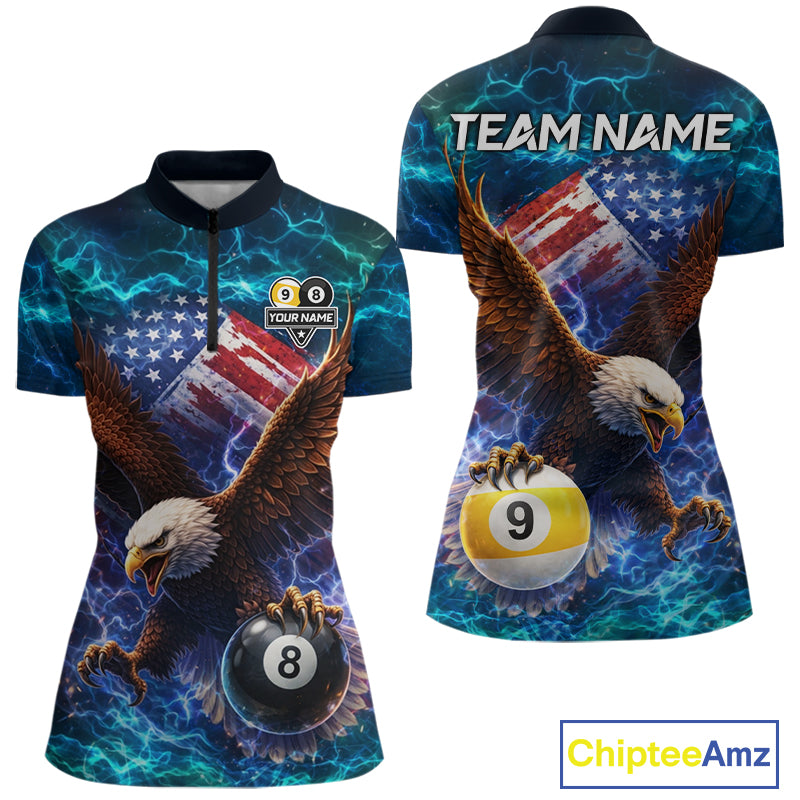American Flag 8 & 9 Ball Eagle Lightning Billiard Shirt For Women Custom Patriotic Pool Team Jersey TDM5851