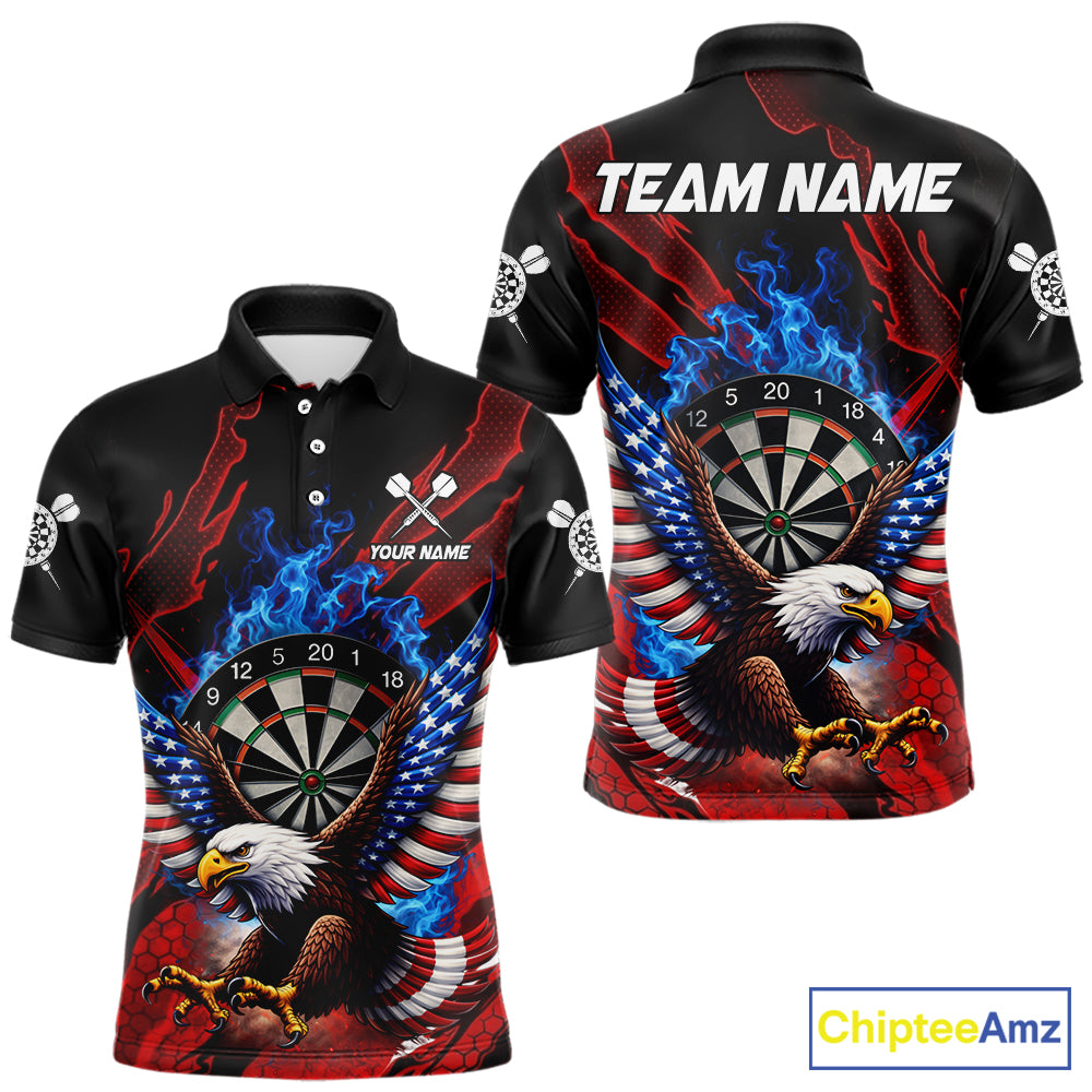 Blue Flaming Dartboard Shirt For Men Custom American Flag Eagle Darts Team Jersey Polo &1/4 Zip TDM6003