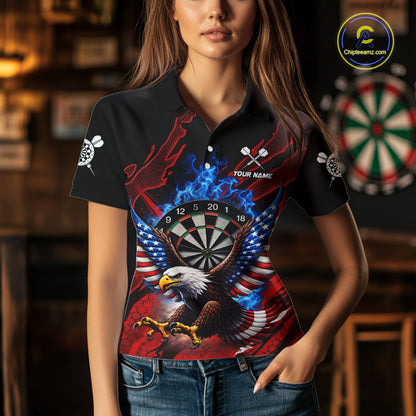 Blue Flaming Dartboard Shirt For Women Custom American Flag Eagle Darts Team Jersey Polo &1/4 Zip TDM6003