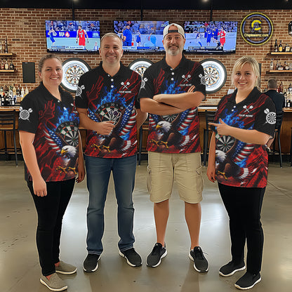 Blue Flaming Dartboard Shirt For Men Custom American Flag Eagle Darts Team Jersey Polo &1/4 Zip TDM6003