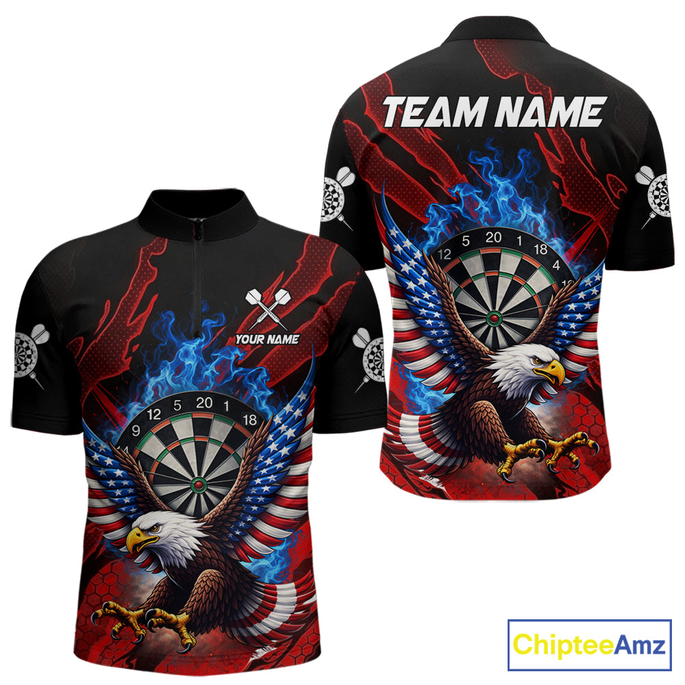 Blue Flaming Dartboard Shirt For Men Custom American Flag Eagle Darts Team Jersey Polo &1/4 Zip TDM6003