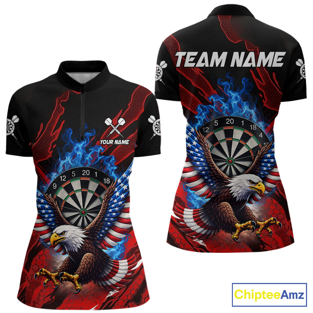 Blue Flaming Dartboard Shirt For Women Custom American Flag Eagle Darts Team Jersey Polo &1/4 Zip TDM6003