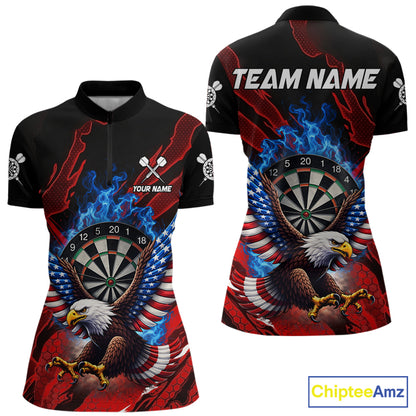 Blue Flaming Dartboard Shirt For Women Custom American Flag Eagle Darts Team Jersey Polo &1/4 Zip TDM6003