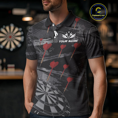 Black And Grey Grunge Dart Arrow Dart Shirts For Men Custom Dart Jerseys, Darts Team Shirts TDM3822