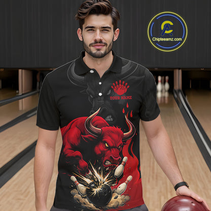 Black And Red Funny Bull Bowling Shirt For Men Custom Bowling Team Jersey Polo & Quarter Zip TDM6242