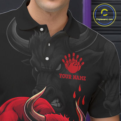Black And Red Funny Bull Bowling Shirt For Men Custom Bowling Team Jersey Polo & Quarter Zip TDM6242