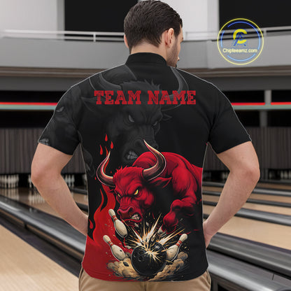 Black And Red Funny Bull Bowling Shirt For Men Custom Bowling Team Jersey Polo & Quarter Zip TDM6242