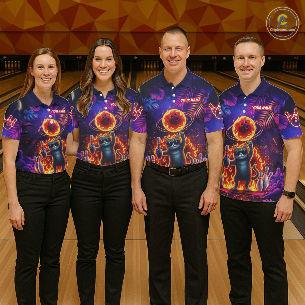 Custom Funny Cat Flame Bowling Shirt For Women, Personalized Tropical Bowling Jersey Polo & 1/4 Zip TDM6454
