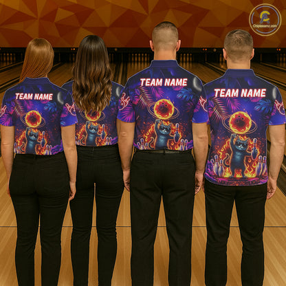 Custom Funny Cat Flame Bowling Shirt For Women, Personalized Tropical Bowling Jersey Polo & 1/4 Zip TDM6454