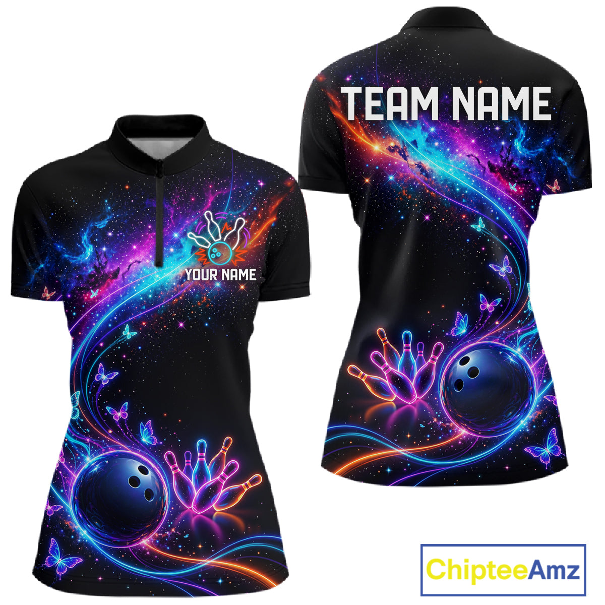 Personalized Galaxy Butterfly Bowling Shirt For Women Custom Bowling Jersey Team Polo & 1/4 Zip TDM6463