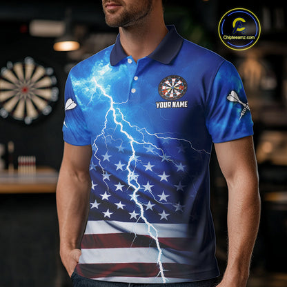 Blue Lightning US Flag Dart Shirt For Men Custom Dart Jersey Pocket Option TDM4114