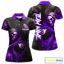 Load image into Gallery viewer, Grim Reaper Custom Flame 8 Ball Pool Billiard Shirt For Women, Purple Black Billiard Team Jersey TDM4121