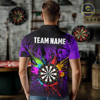 Back view of man wearing a colorful purple darts jersey inside a darts hall.