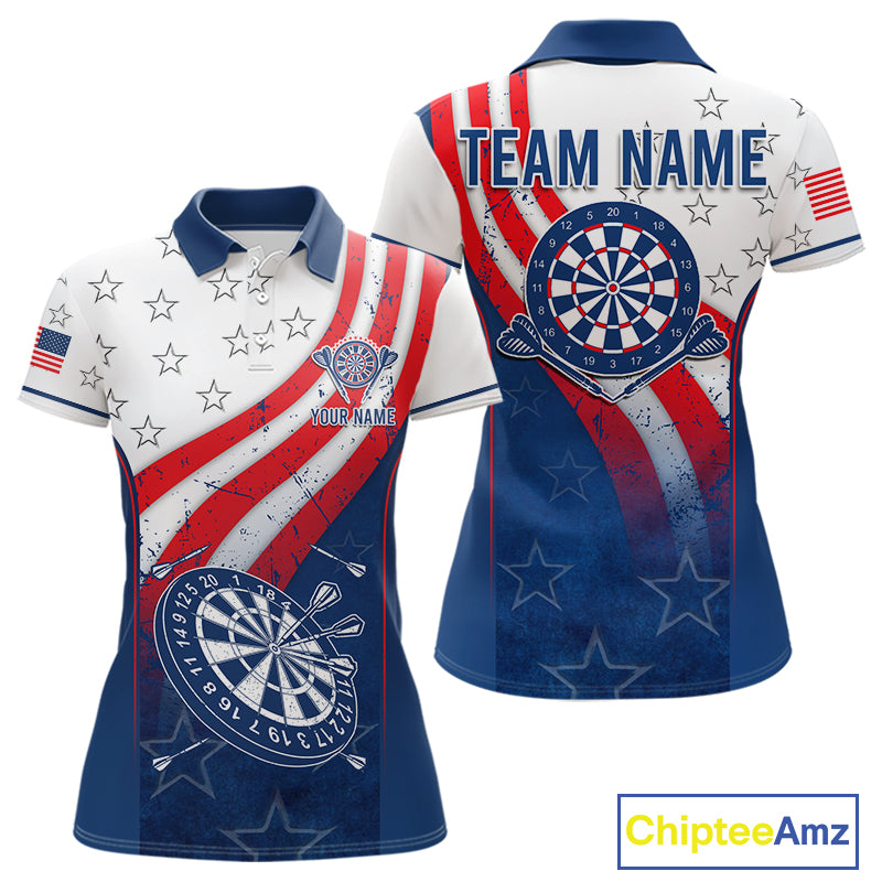 Personalized American Flag Womens Dart Shirts Custom Patriotic Red, White And Blue Darts Team Jersey TDM5150