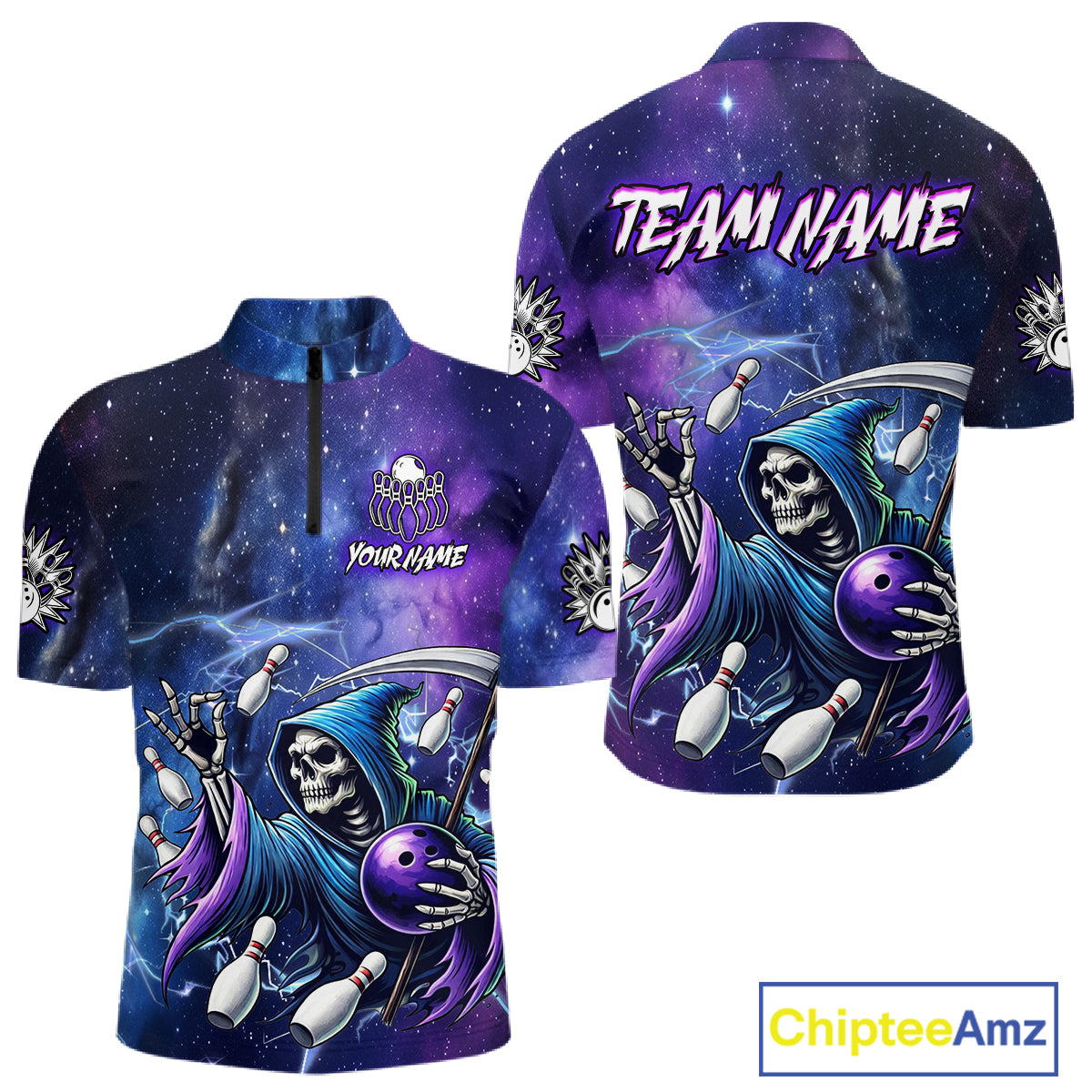 Funny Grim Reaper Blue Purple Galaxy Bowling Shirt For Men Custom Glowing Bowling Jersey Outfit TDM5862