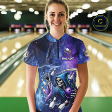 Load image into Gallery viewer, Funny Grim Reaper Blue Purple Galaxy Bowling Shirt For Women Custom Glowing Bowling Jersey Outfit TDM5862
