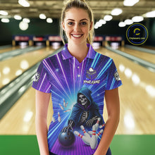 Load image into Gallery viewer, Funny Grim Reaper Blue Purple Neon Bowling Shirt For Women Custom Lighting Bowling Team Jersey TDM5863