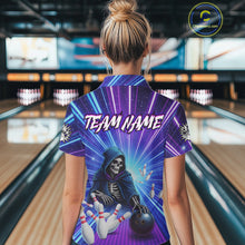 Load image into Gallery viewer, Funny Grim Reaper Blue Purple Neon Bowling Shirt For Women Custom Lighting Bowling Team Jersey TDM5863
