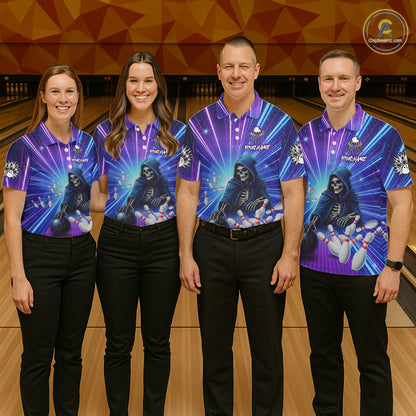 Funny Grim Reaper Blue Purple Neon Bowling Shirt For Women Custom Lighting Bowling Team Jersey TDM5863