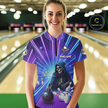 Load image into Gallery viewer, Funny Grim Reaper Blue Purple Neon Bowling Shirt For Women Custom Lighting Bowling Team Jersey TDM5863