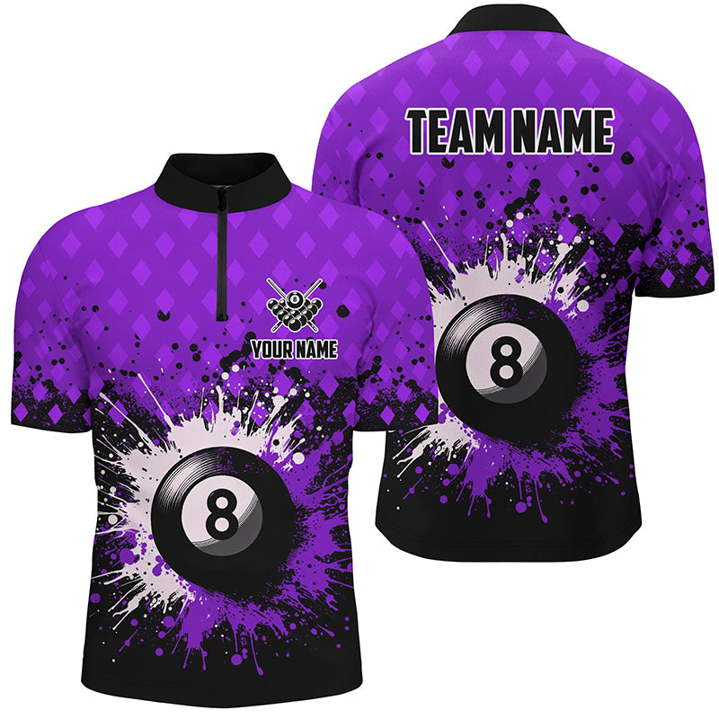 Personalized Purple Grunge 8 Ball Pool Men Quarter-Zip Shirts, Billiard Team Jersey Uniform TDM1185