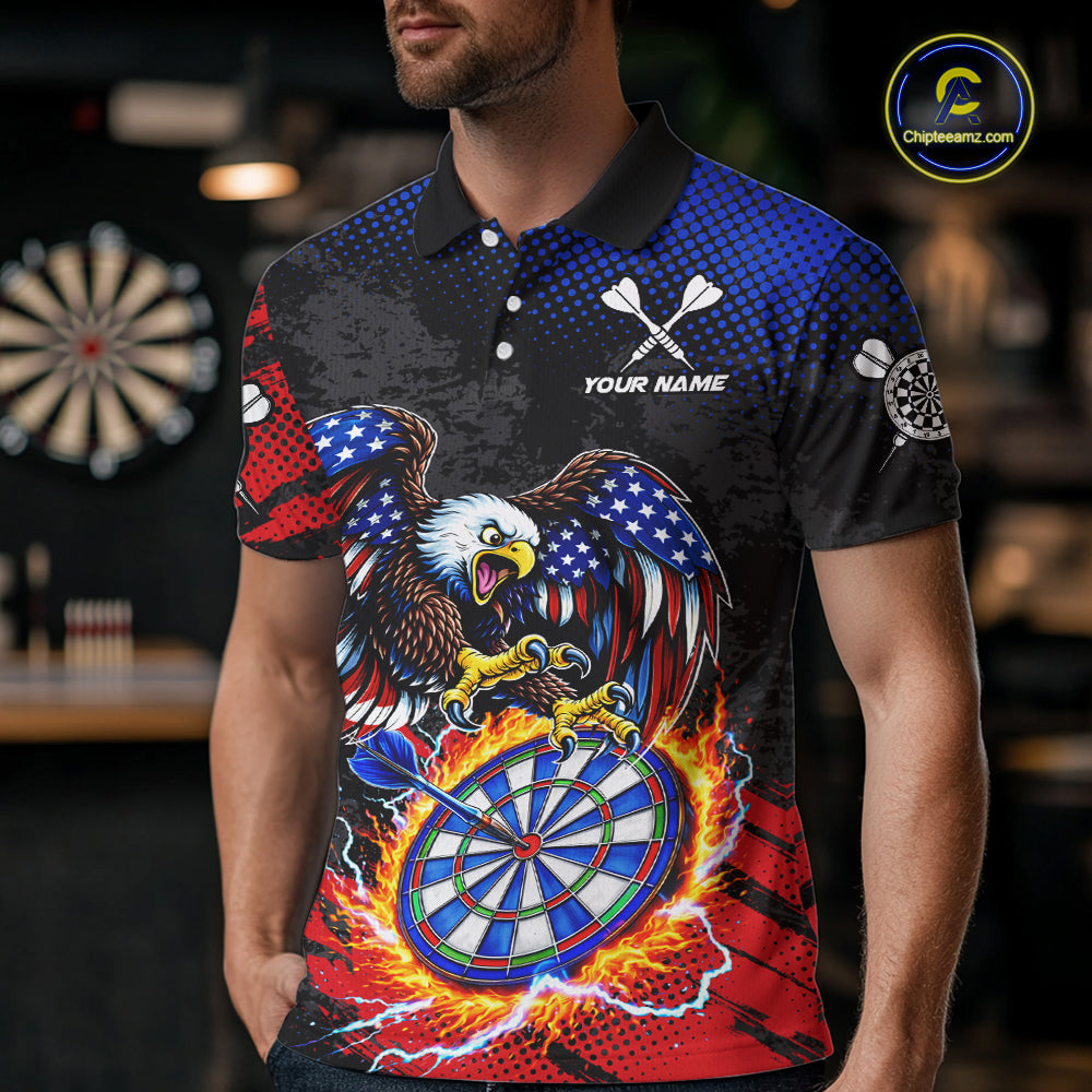 Patriotic American Flag Eagle Flame Darts Shirt For Men Custom Darts Jersey Team Polo & 1/4 Zip TDM6012