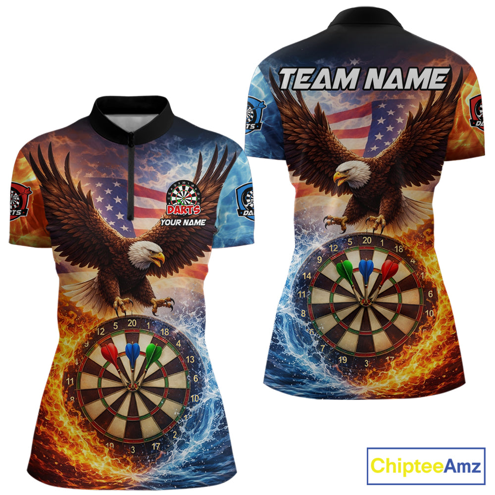 American Flag Eagle Water Fire Darts Shirt For Women Custom Darts Jersey Team Polo & 1/4 Zip TDM6018
