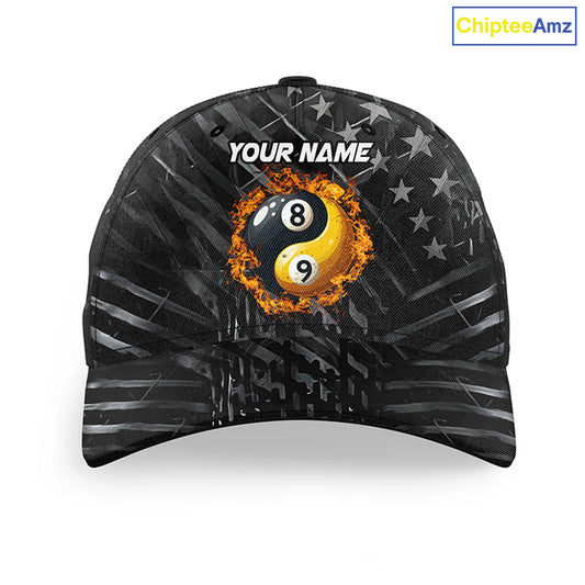 Custom Black US Flag Ying And Yang 8 Ball & 9 Ball Billiard Hat, Personalized Pool Baseball Cap TDM3952