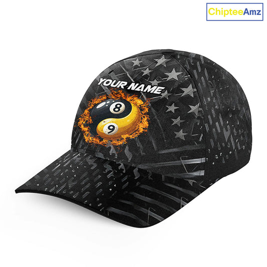 Custom Black US Flag Ying And Yang 8 Ball & 9 Ball Billiard Hat, Personalized Pool Baseball Cap TDM3952