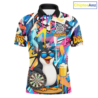 Funny Penguin Colorful Graffiti Darts Shirt For Men Custom Darts Team Jersey Polo & 1/4 Zip TDM6466