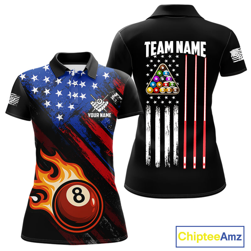 Funny Flame 8 Ball Billiard Shirts For Women Custom Patriotic American Flag Pool Team Jerseys TDM4131