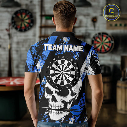 Back view of man wearing a blue camo skull darts shirt during league play.