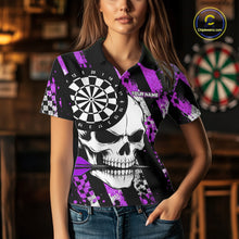 Load image into Gallery viewer, Woman wearing a purple camo skull darts jersey at a darts venue front view.