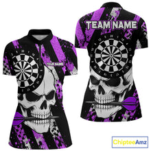 Load image into Gallery viewer, Purple camo stripes skull darts quarter zip shirt for women designed for tournaments and team competition.