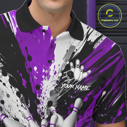 Close-up of a purple splatter bowling polo shirt collar, buttons, and bowling ball graphics.