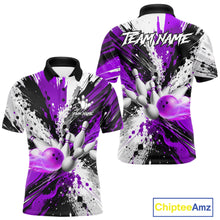 Load image into Gallery viewer, Purple splatter bowling ball and pins bowling polo shirt for men with custom league team graphics.