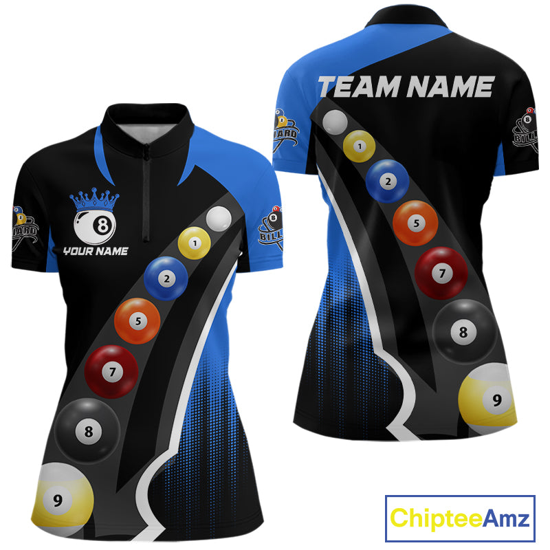 Personalized Black Blue Billiard Shirt For Women Custom Funny Pool Balls Team Jersey Polo & 1/4 Zip TDM4497