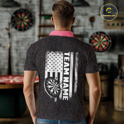 Man Wearing Pink Ribbons American Flag Custom Breast Cancer Awareness Darts Team Jersey Featuring the Complete Rear Graphic Design, Back View
